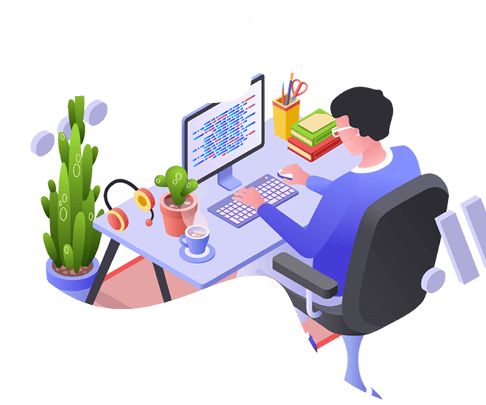 Developer working at desk with plants and computer
